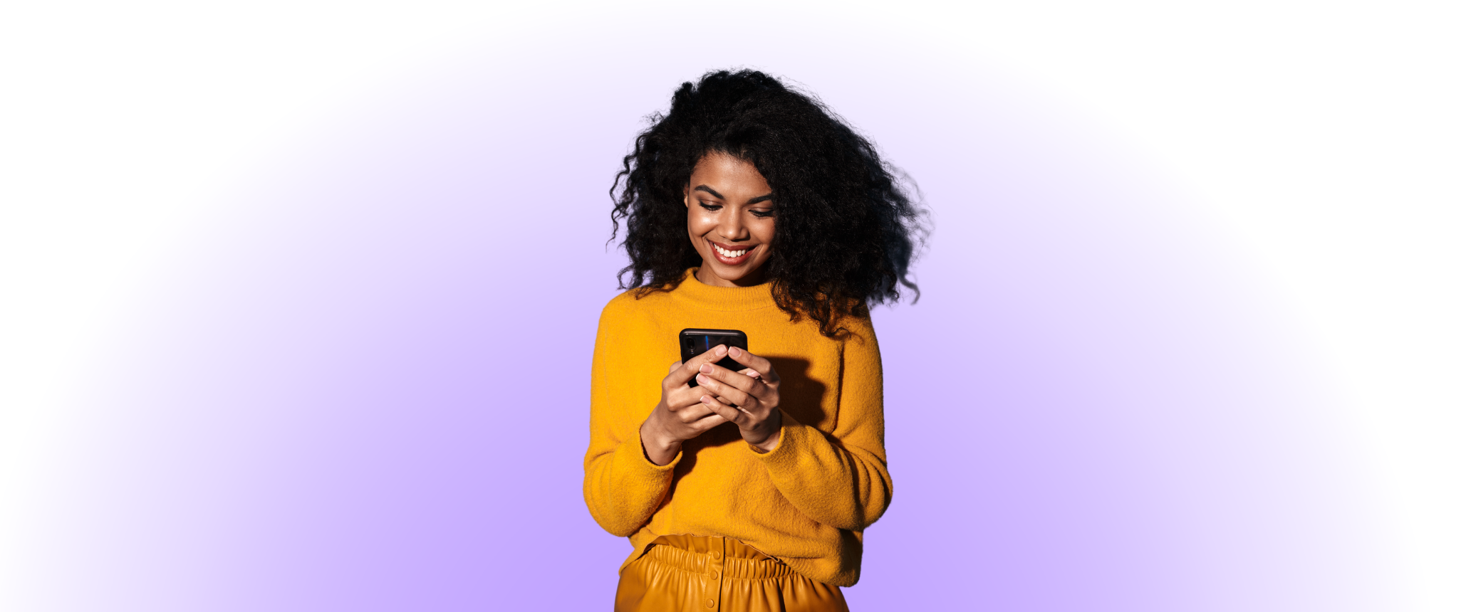 A woman smiling and holding a smartphone with Instagram likes in the background.